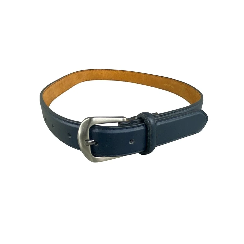 VTG Silver Goose Navy Blue Leather Belt 30-32 Silver Buckle Classic Minimalist